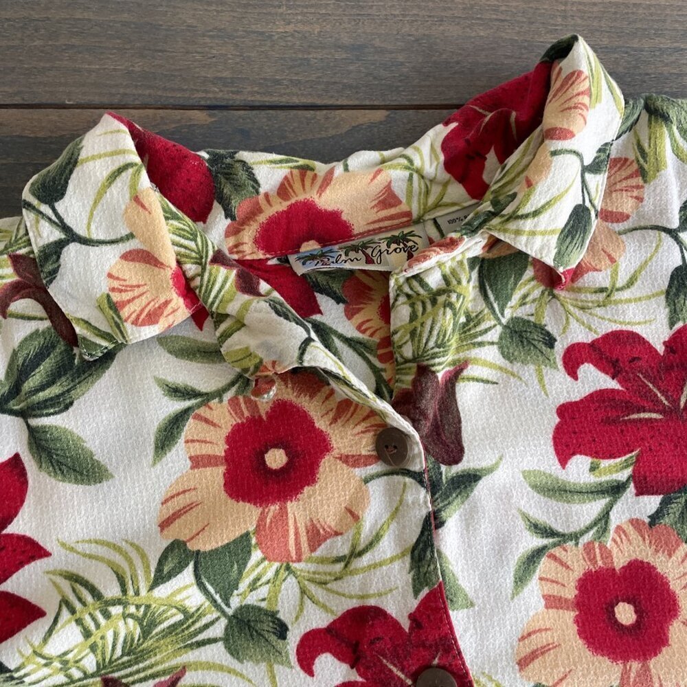 Palm Grove White Floral Hawaiian Button Front Shirt Womens Petite Large (C8) - Picture 2 of 8